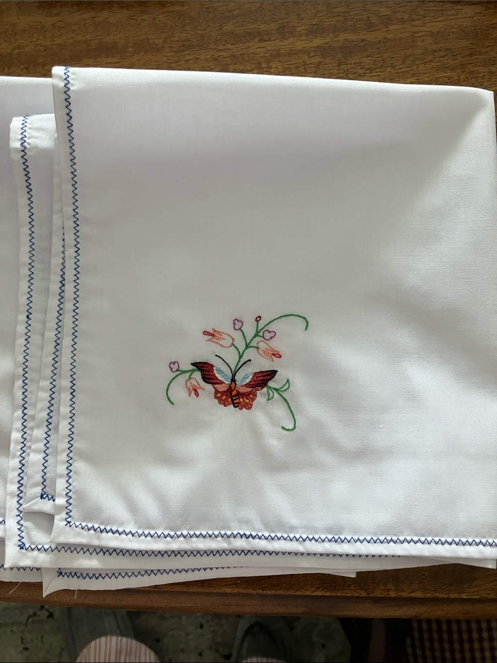 Embroidered Butterfly Linen Napkins - White with Multicolor Accent Set of 4